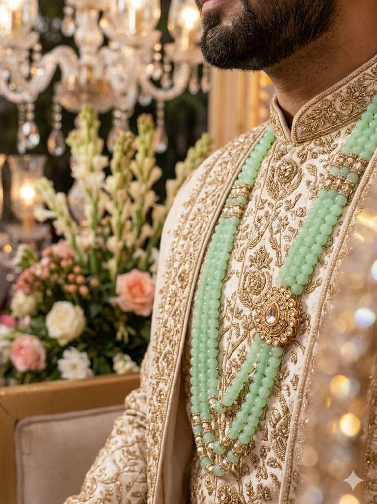imperial groom layered wedding mala in mint jade-tone strands