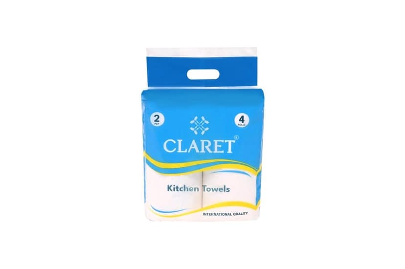 Claret Kitchen Towel Roll - 2-Ply, 60 Sheets Per Roll (4 Rolls), 20x20 cm, 4-in-1 Versatility, Pack of 2 - Hygienic, Soft & Natural for Kitchen Hygiene and Safety view 2