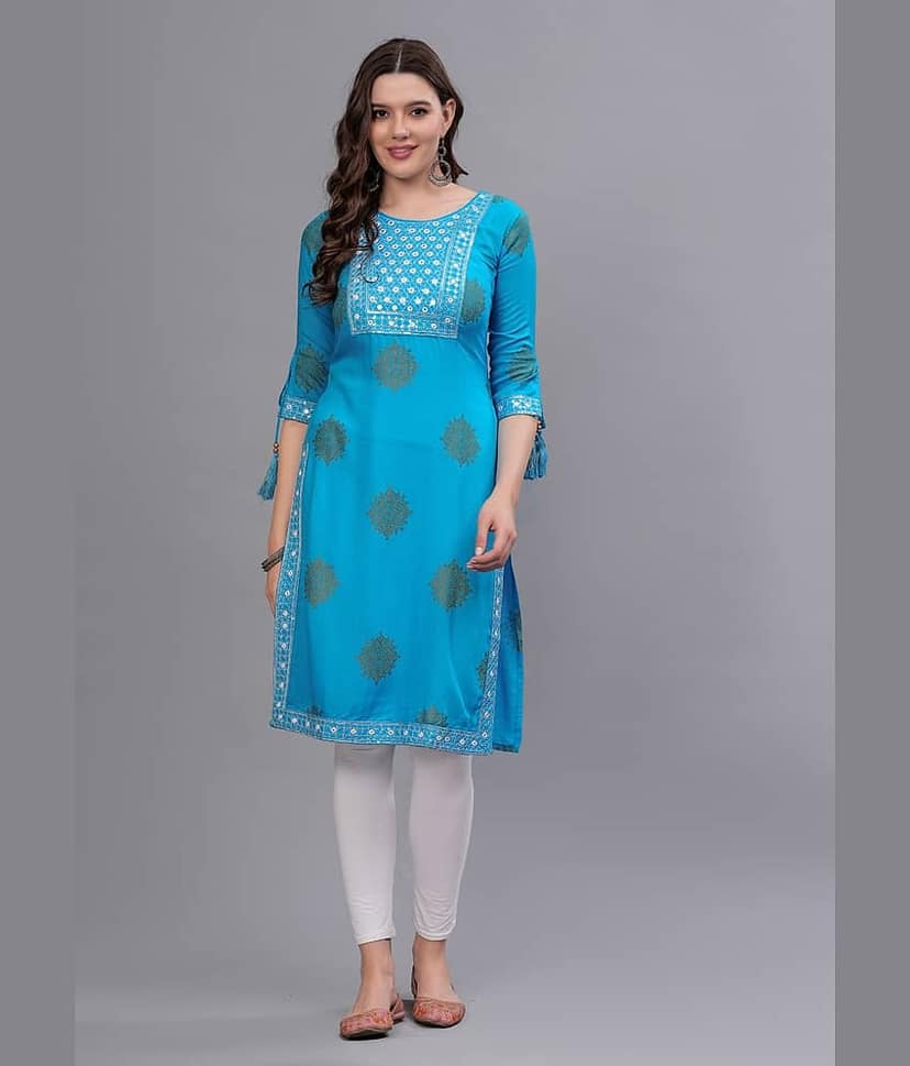 MAUKA Pack of 1 Rayon Embellished Straight Women's Kurti - ( Blue )