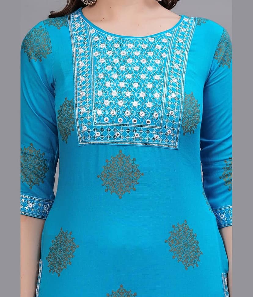 MAUKA Pack of 1 Rayon Embellished Straight Women's Kurti - ( Blue ) view 2