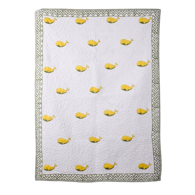 Hand Block Printed Cotton Baby Quilted blanket (light Rajai) – Quilted, 60x40 inches (100x150 cm) Green Yellow Dolphin view 2