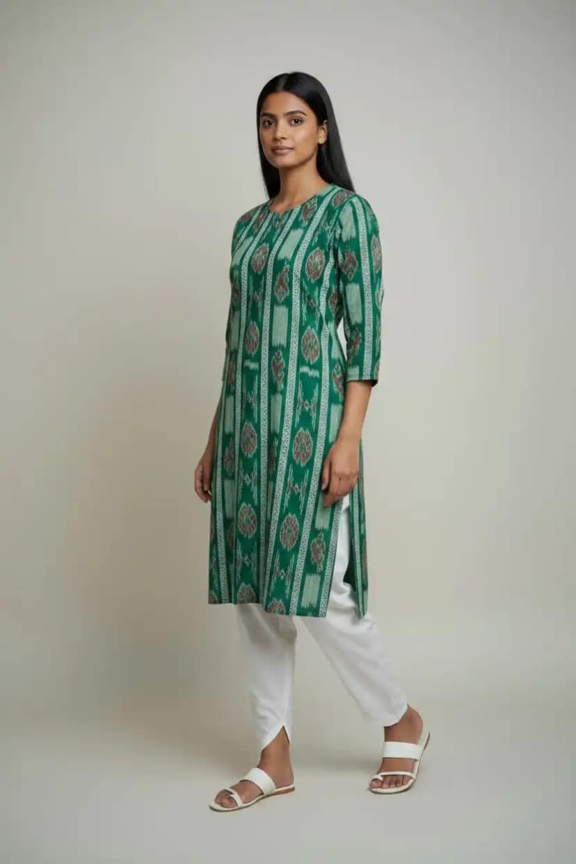 Sambalpuri Bandha Cotton Kurti in Green, Handwoven Ikat view 2