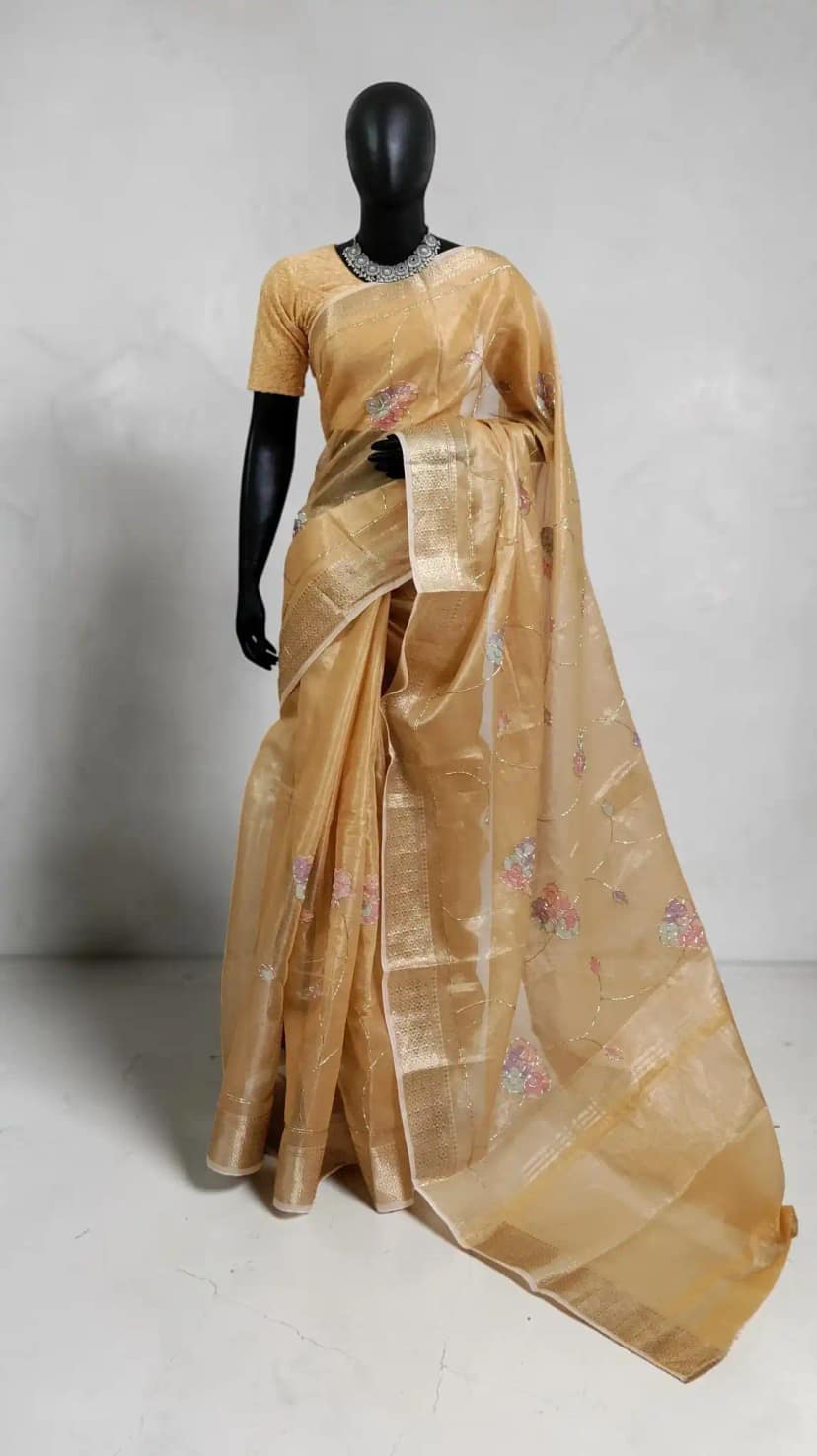 Kota Doria Handloom Saree in Beige Gold with Block-Printed Florals