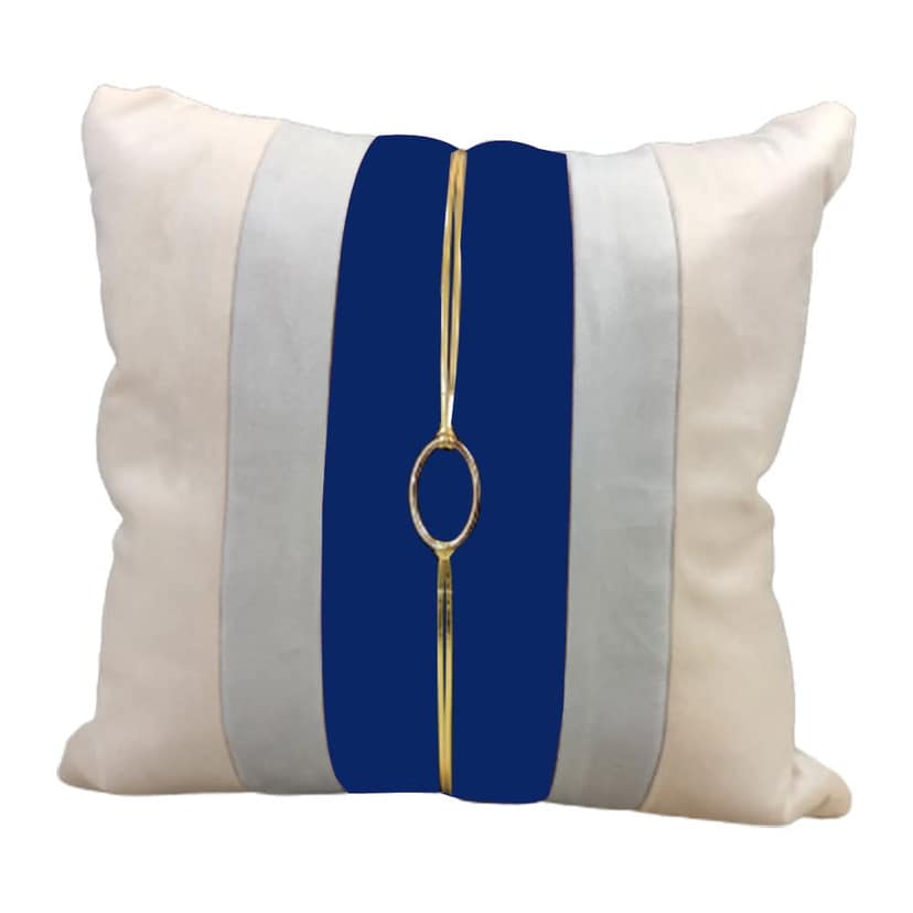 Blue Beige Buckle Leather Velvet 5 Cushion Covers and 1 Table Runner Combo Luxury Modern Pillow Cover Decorative Pillow for Sofa Living Room Bedroom |16X16 Inch Cushion Cover I12 X 59 Inch Runner view 2