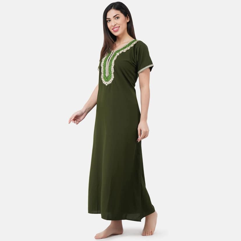 KOI SLEEPWEAR Premium Women White Contrast Embroidery Night Gown Lizzybizzy Cotton Nighty Maxi (X-Large, Olive Green) view 2