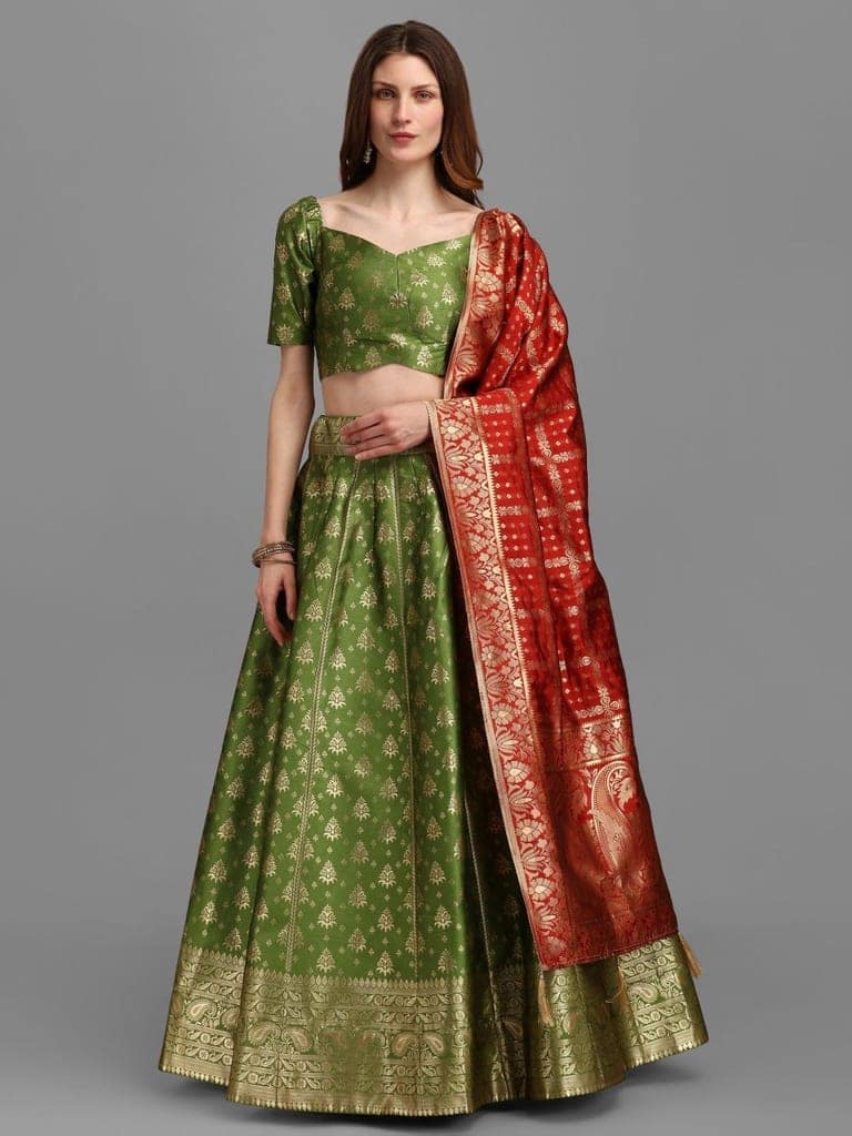 Mahendi Brocade Fabric Lehenga & Unstitched Blouse With Dupatta view 2