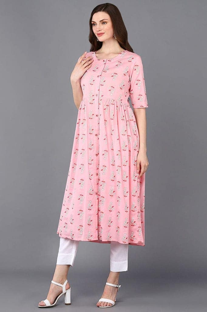Cotton Pink Printed Flared Kurta VCK9322 view 2