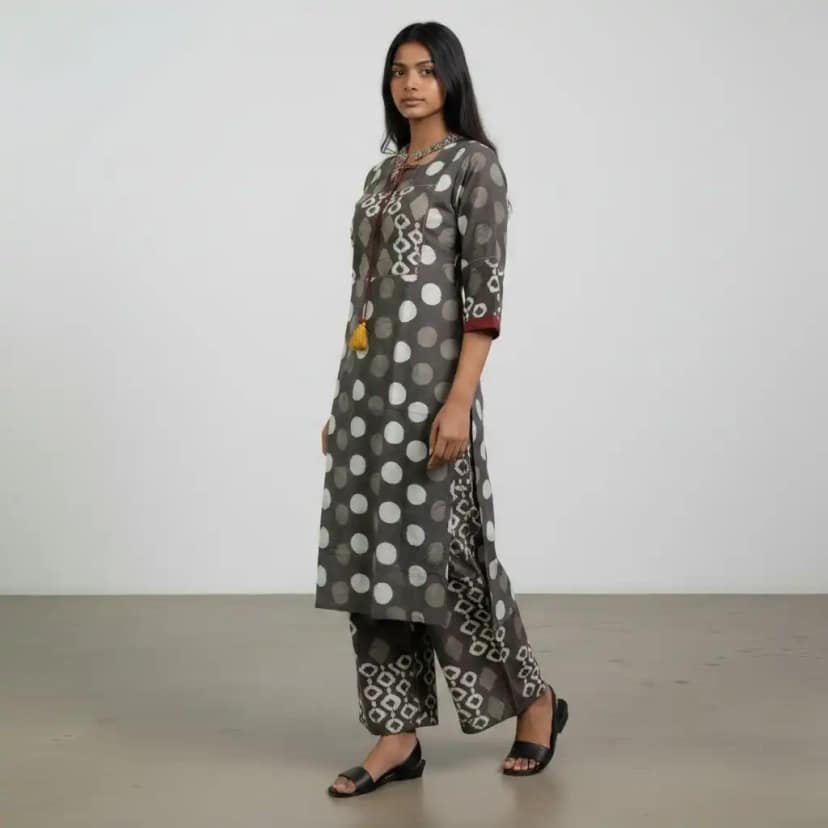 Handloom Cotton Co-Ord Set in Charcoal with Hand Embroidery view 2