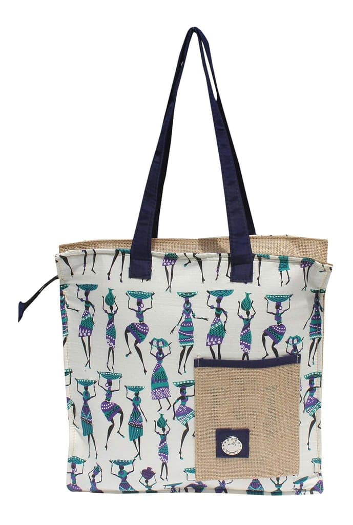 Mandhania Warli Printed Indian Tribal Art Cotton & Women's Shoulder Bag Peacock Blue