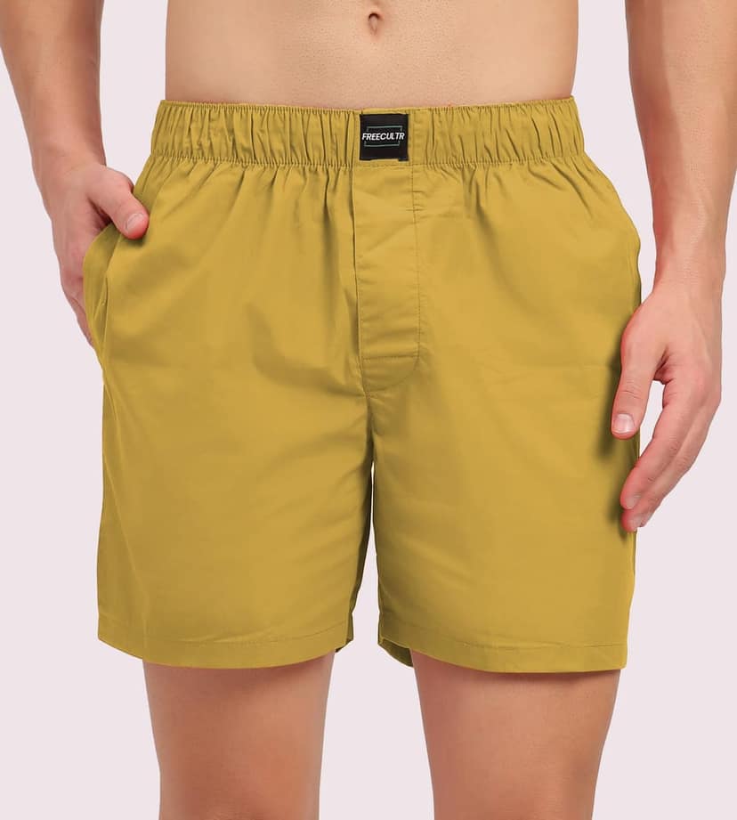 Freecultr Regular Fit Ultralight All Day Boxer Shorts for Men | 100% Cotton Fabric, Dual Deep Side Pocket, Microfibre Waistband Pack of 1-Yellow view 2