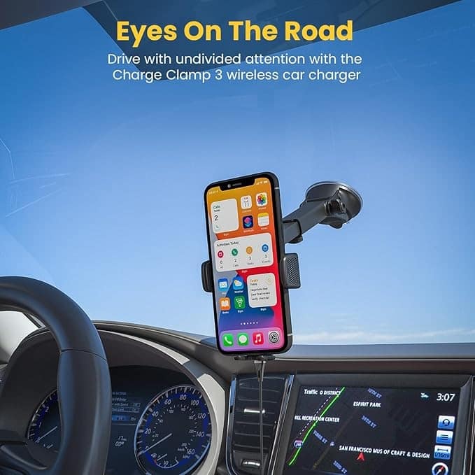 Portronics Charge Clamp 3 Wireless Car Charger with 15 Watts Fast Charging Qi Compatible, Free Type-C Cable, 360° Rotation, for iPhone & Android Smartphones view 2
