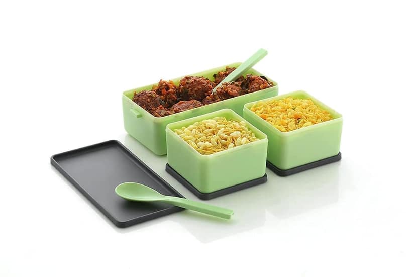 HAPPI 3 Compartment Leak Proof Lock System Lunch Box for Office Men and Lunch Box for Kids, Microwave Safe Food Warmer Lunch Box with 2 Spoons Set (Green) view 2