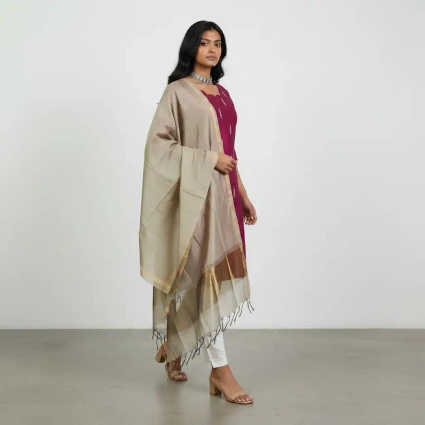 Rani Pink Raw Silk Kurti with Grey Zari-Border Dupatta, Mangalagiri view 2
