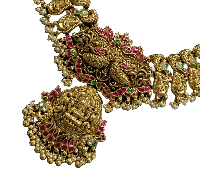 Stunning antique gold plated traditional Indian necklace set with intricate detailing and pink stones. view 2