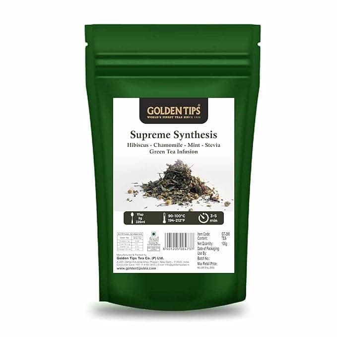 Golden Tips Supreme Synthesis, Soothing Herbal Green Tea Blend, Hibiscus, Chamomile, Mint & Stevia, Antioxidant-Rich Detox Tea, Supports Relaxation & Immunity, Hot or Iced (100 Gram, 50 Cups)