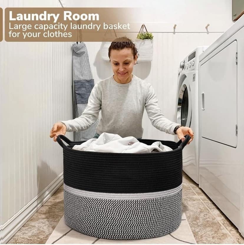 Generic Cotton Dori 16x14 Inch Storage Basket For Clothes With Out Lid (Black-Black-White)-PID66404 view 2