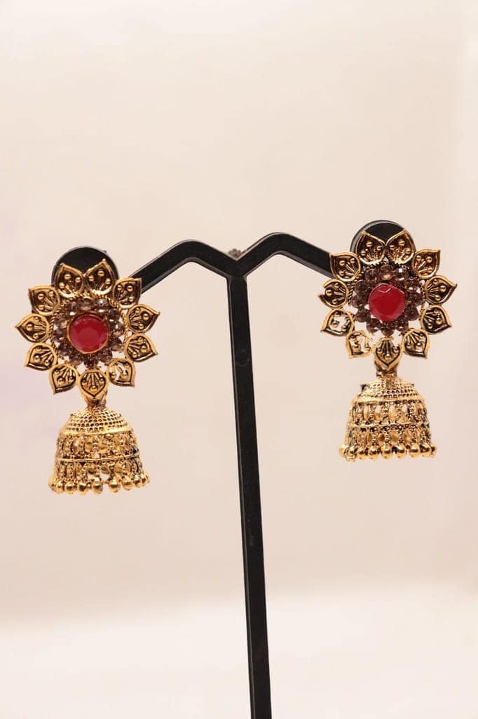 "Stunning Red Stone Jhumka Earrings with Intricate Gold Design" view 2