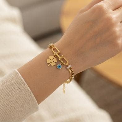 Clover & Evil Eye Charm Bracelet | Gold-Tone Anti-Tarnish Imitation Jewellery view 2