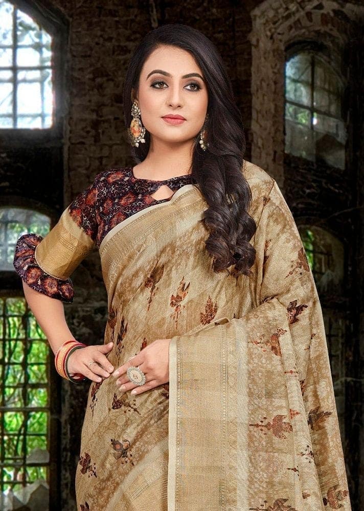 Digital Printed Cotton Silk Saree in Beige view 2