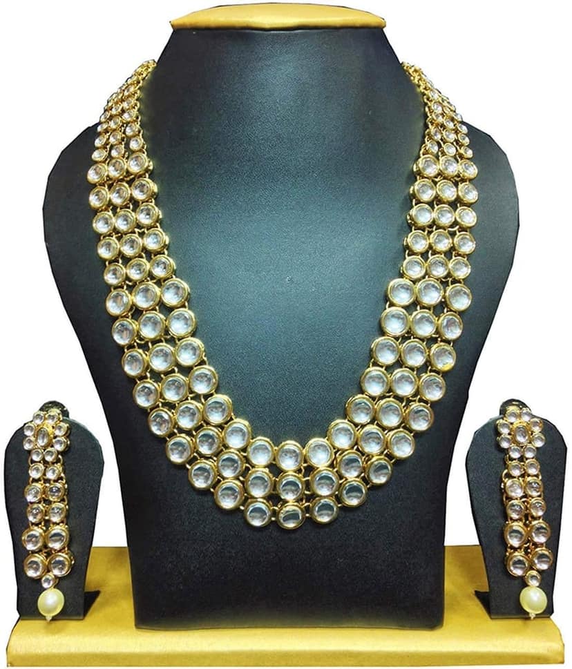 Gold Plated Traditional Jewellery Kundan Pearl Necklace Set with Earrings for Women view 2