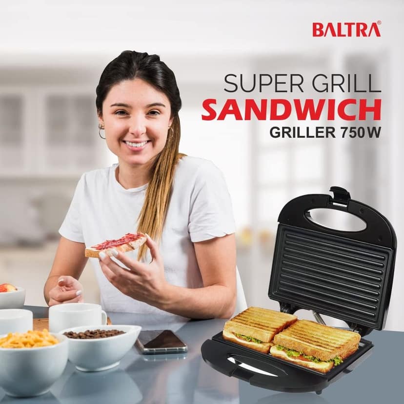 Baltra Super Grill Sandwich Griller 750 W with 2 Slice Non-Stick Fixed Plates 2 Year Warranty (Black) view 2