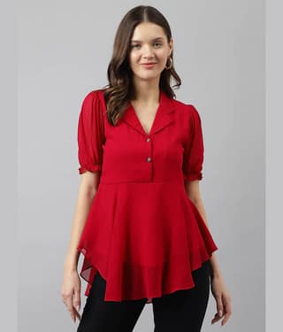 TOOCHKI Women's Georgette Asymmetrical Top ( Red )