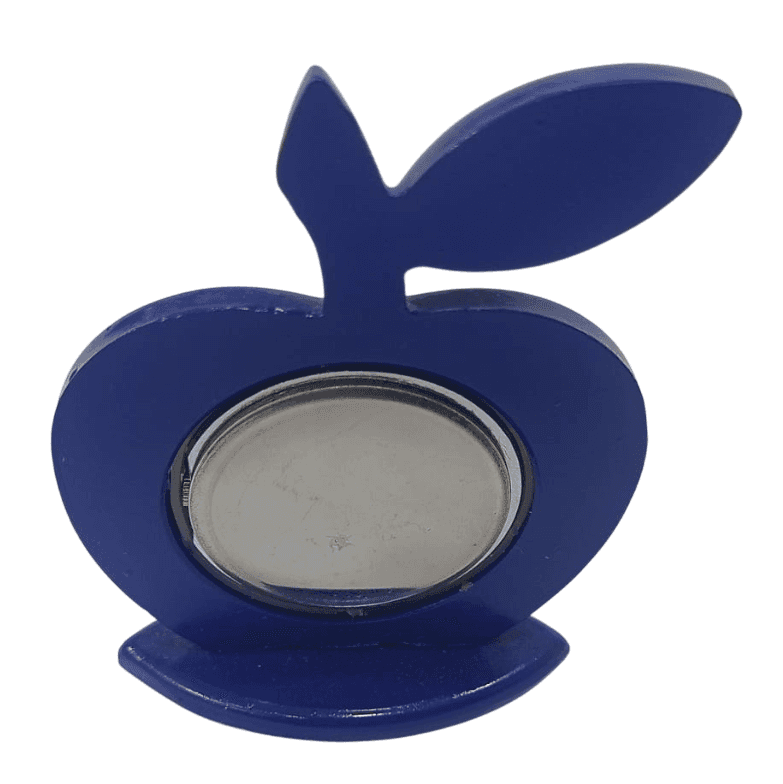 Blue apple-shaped desk clock with silver dial view 2