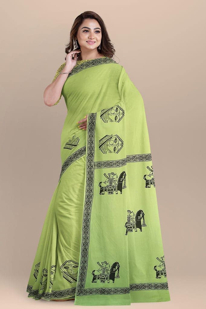 Parrot Green Face Motif Hand Block Print Malmal Cotton Saree SKU-AS10064 view 2