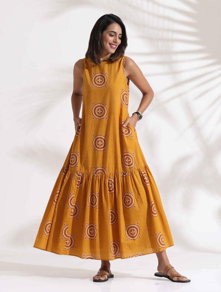 trueBrowns Mustard Cotton Print Tier Dress - Yellow (2XL) view 2