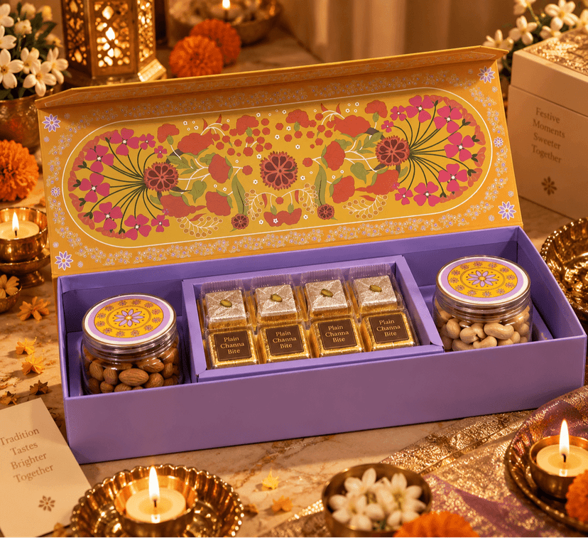 Ghasitaram's Royal Festive Lavender Hamper – Kaju Katli & Chana Bites with Dual Dry Fruit Jars