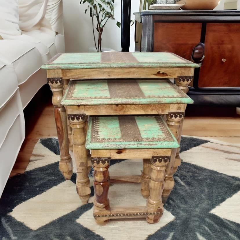 Brass Indian Wood Nesting Stool Set of 3 view 2