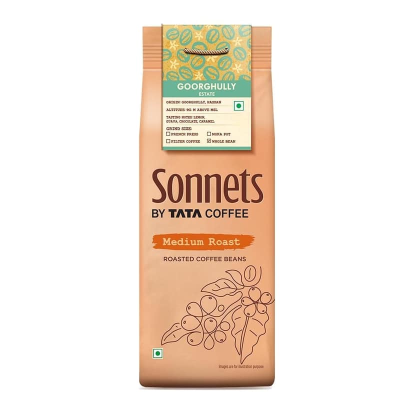 Sonnets by Tata Coffee, Whole Bean, Medium Roast Arabica Coffee, 250g, Grown in Goorghully Estate with Tasting Notes of Lemon, Guava, Chocolate & Caramel