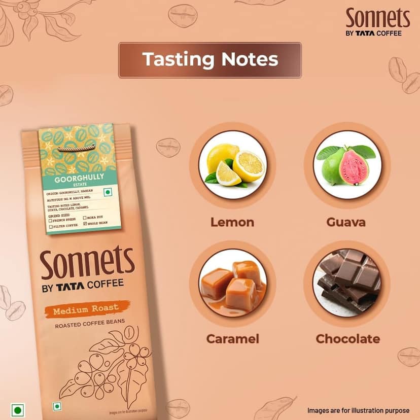 Sonnets by Tata Coffee, Whole Bean, Medium Roast Arabica Coffee, 250g, Grown in Goorghully Estate with Tasting Notes of Lemon, Guava, Chocolate & Caramel view 2