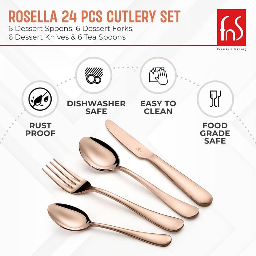 FnS Rosella Rose Gold Stainless Steel Cutlery Set with Box Packaging, 24 Piece (6 Dinner Spoon, 6 Dinner Fork, 6 Dinner Knife/Butter Knife, 6 Teaspoon) view 2