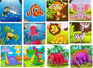 Fiddlys Kid's Wooden Jigsaw Puzzle Games for Children & Kids Paperless Puzzle - 9 Pieces (Pack of 12 Animal) Age 3+