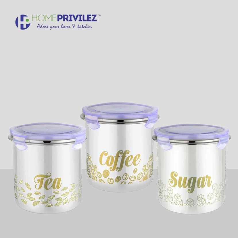 “Flip & Seal “Stainless Steel Air Tight Storage Container- Tea, Coffee & Sugar Set of 3 in white colour(1350mLx3) view 2