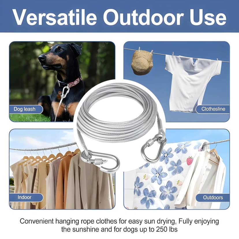 Stainless Steel Wire Rope Clothesline with Heavy Duty Carabiner Hooks | Multipurpose Hanging Cable for Clothes Drying, Balcony, Travel, Camping & Outdoor Use (Original) view 2
