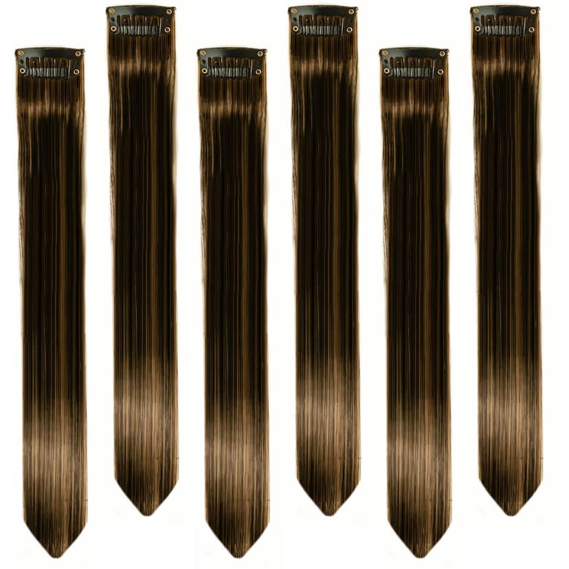 Paradise Clip in Colored Hair Streak (Strips) Extensions for Women, 20 Inch Straight Hair Highlights, Dark Brown with Golden Highlights, Instant Volume, No Damage, Heat Resistant Synthetic Fibre, Pack of 6 Paradise Clip in Colored Hair Streak (Strips) Ex