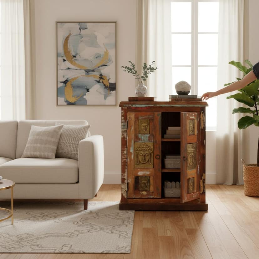 Wooden Cupboard Table Home Living Cabinet, Handicarft Storage Side-board, Distressed Table With Budhha Statue view 2