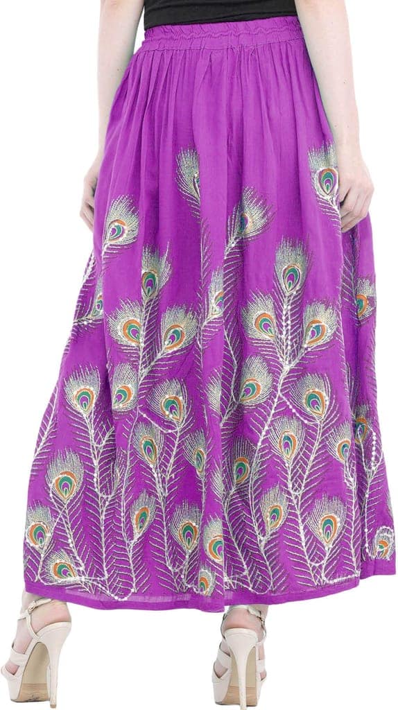 Vivid-Viola Long Skirt with Printed Peacock Feather and Embroidered Sequins view 2