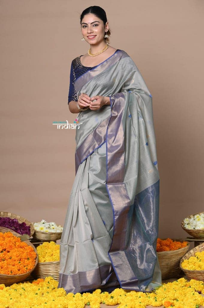 Rajsi~Handloom Cotton Silk Saree with Golden Border~Grey