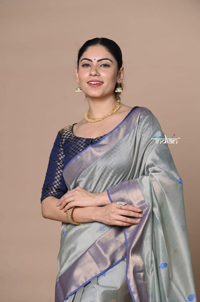Rajsi~Handloom Cotton Silk Saree with Golden Border~Grey view 2