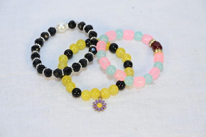 3 Piece Bracelet Set - Black, Yellow, Pink view 2
