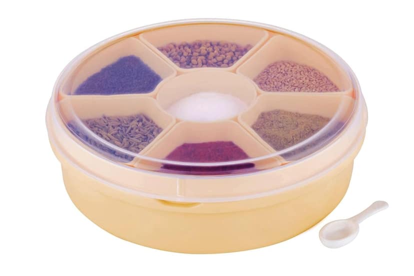 HAPPI Plastic Masala Box for Kitchen, Spice Boxes for Kitchen, Transparent Rangoli/Spice/Masala Dabba Container 7 Compartments with 1 Spoon view 2