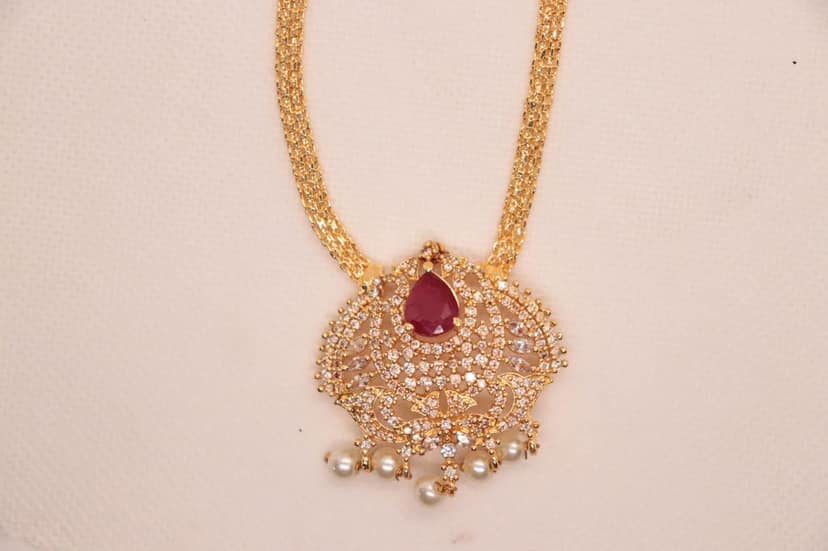 Gold Plated AD Stone Pendant Set with Ruby Stone and Pearls