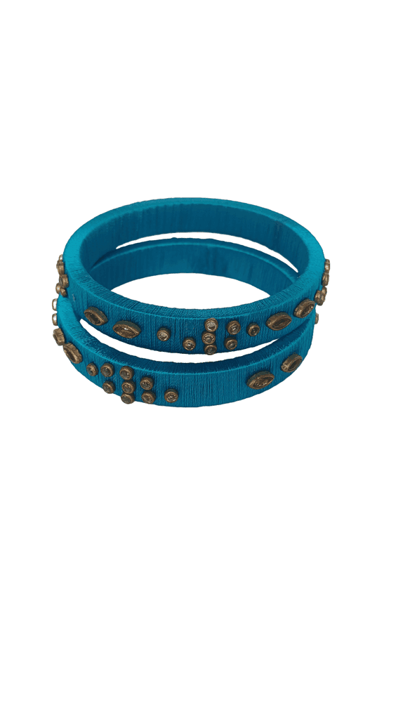 Blue Silk Thread Bangle Set with Stone and Pearl Embellishment view 2