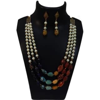 GEMSTONE MULTICOLOR TUMBLE & SYNTHETIC PEARL 7 CHAKRA NECKLACE