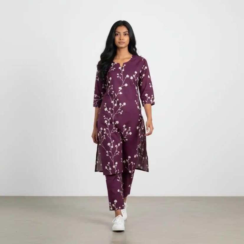 Mangalagiri Cotton Kurti and Pant Set in Mauve Purple, Screen Print