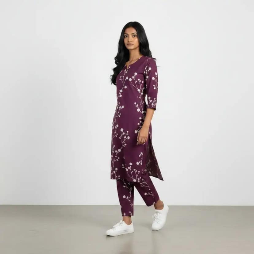 Mangalagiri Cotton Kurti and Pant Set in Mauve Purple, Screen Print view 2