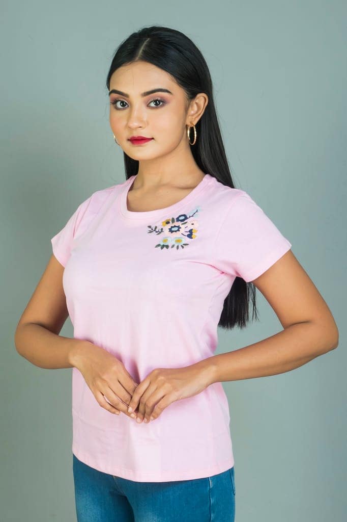 Light pink coloured Hand embroidered Women’s cotton T shirt